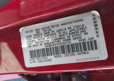 2003 Toyota Corolla Le z USA, uszkodzony, nr VIN 1NXBR38E43Z092710